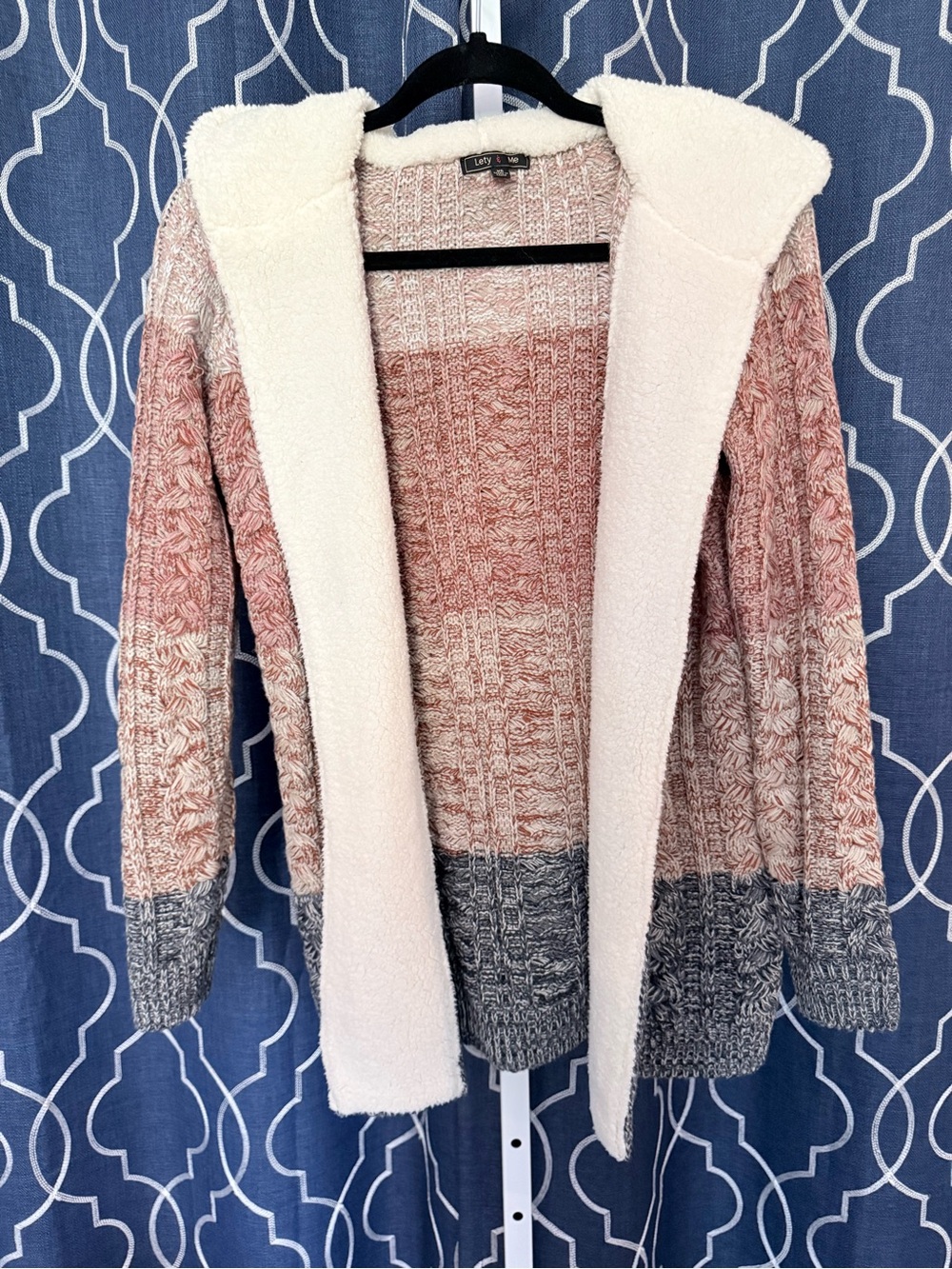 Peach Orange Gray Ombre Hooded Sherpa-Lined Knit Sweater Cardigan Sz XS D22
